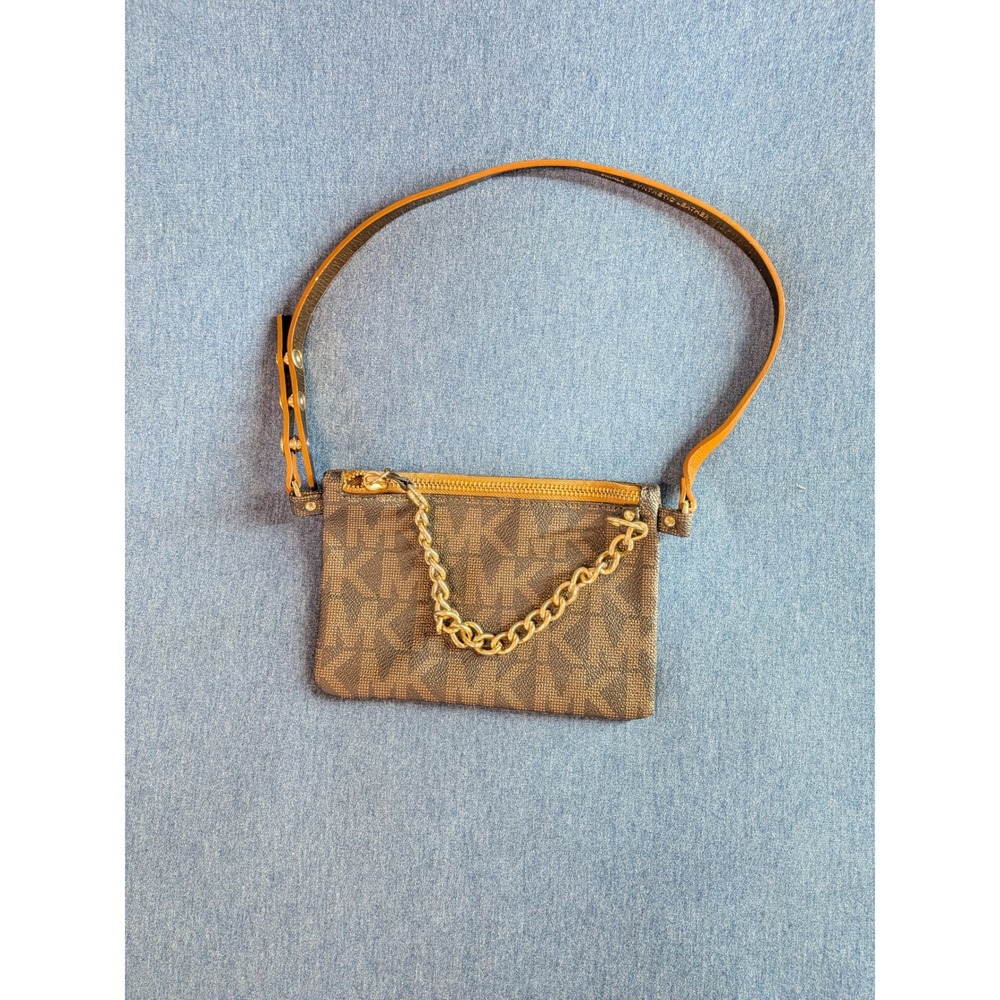 Michael Kors Brown MK Logo Belt Bag Waist Pack Gold Chain Studded Small 554131